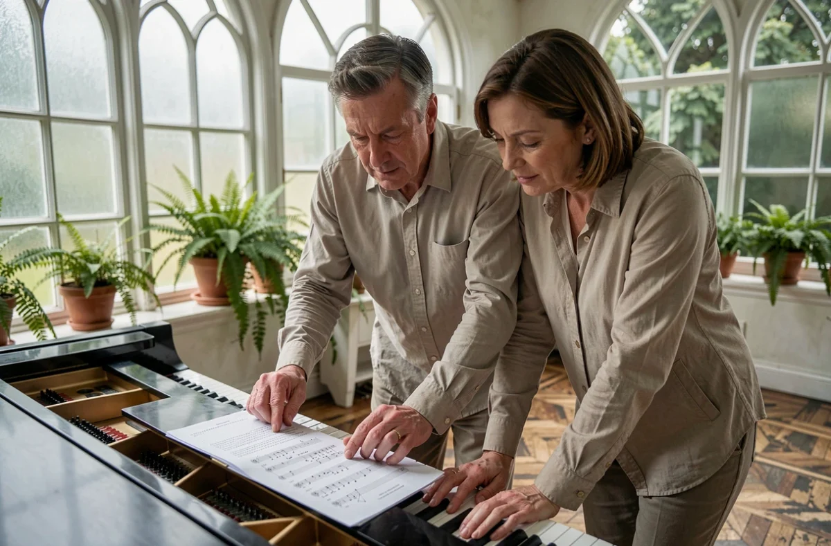 Deux adultes autour d'un piano à queue étudiant ensemble la tablature de Let It Be dans une véranda lumineuse avec grandes fenêtres et parquet ancien