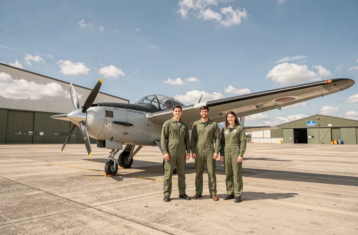 Élèves de l'École de l'Air et de l'Espace à Salon-de-Provence en combinaison de vol devant un avion d'entraînement sur le tarmac