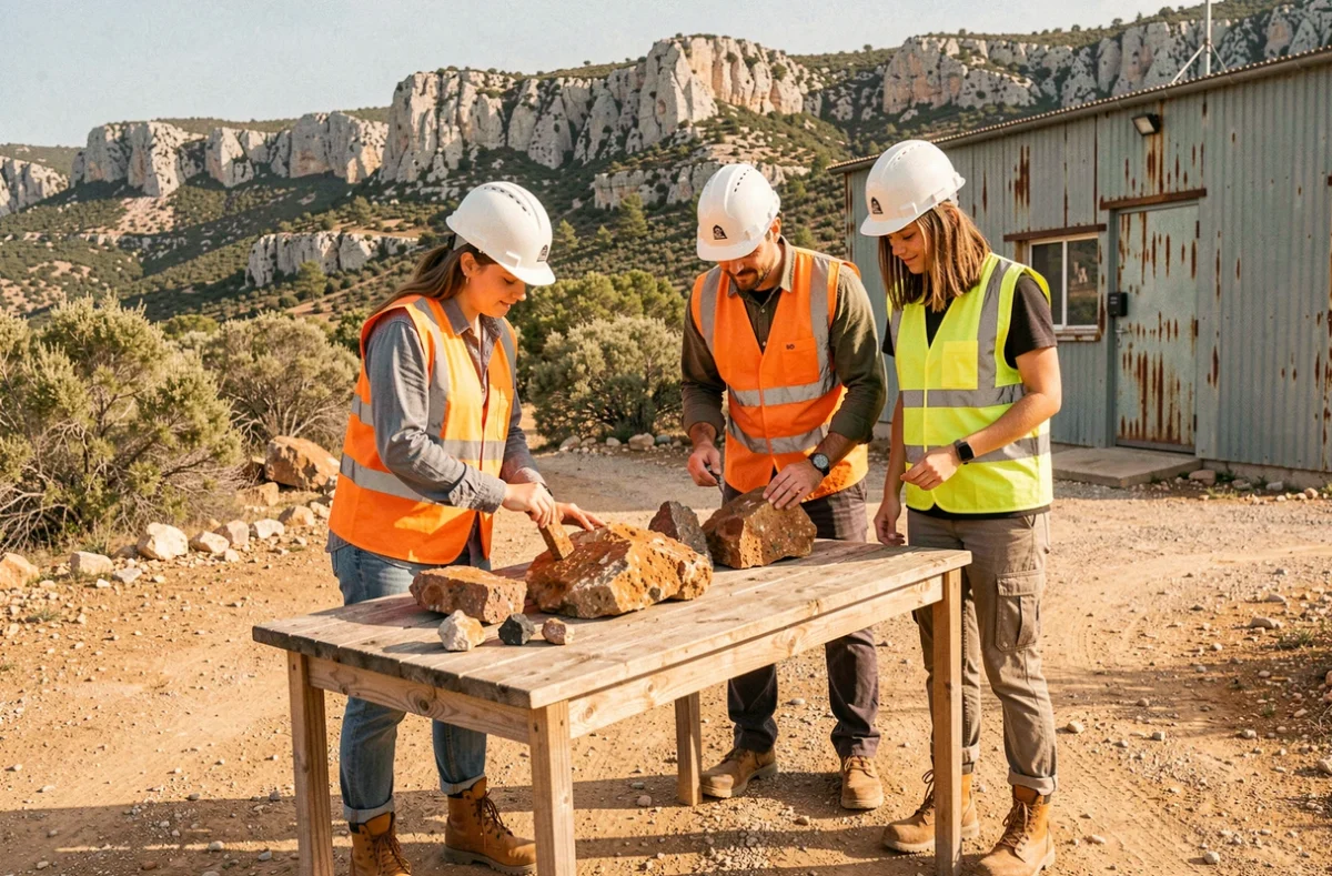 Étudiants des Mines de Saint-Étienne campus Gardanne examinant des carottes géologiques sur le terrain en Provence
