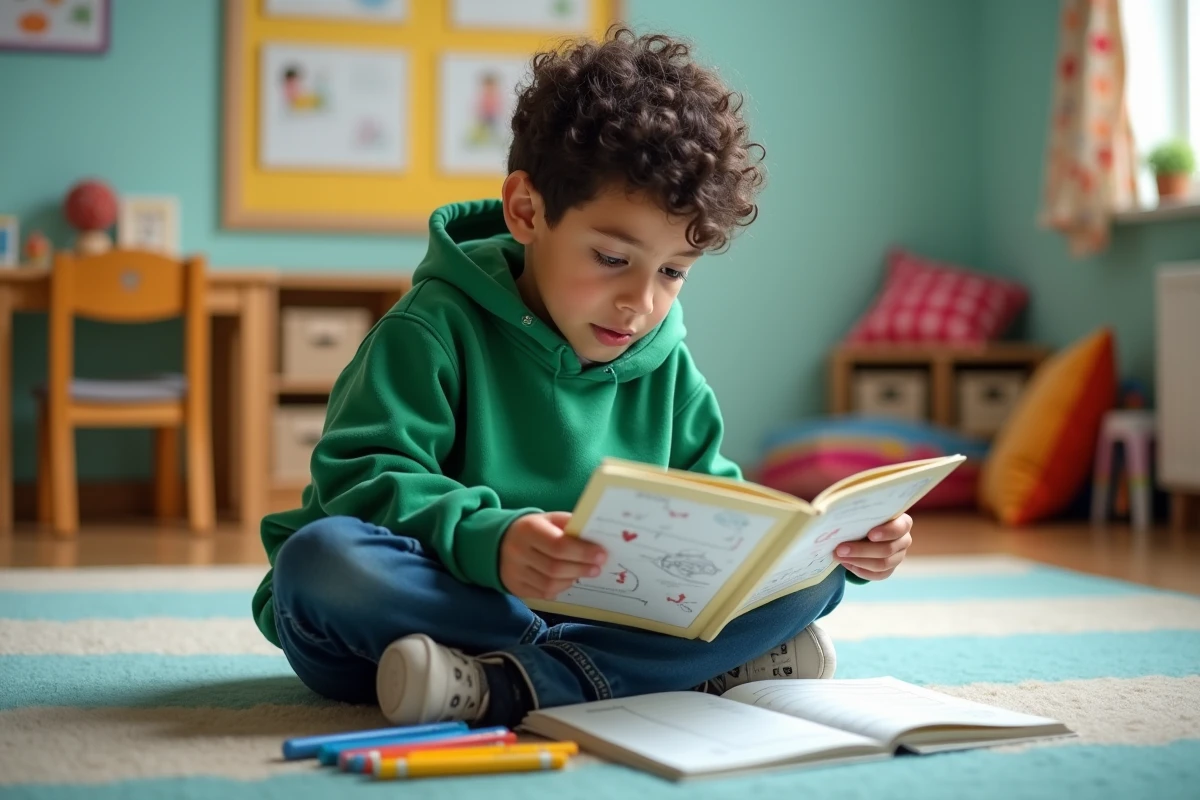 Élève de CE2 lisant un livre illustré en classe avec une fiche de lecture vierge posée à côté de lui