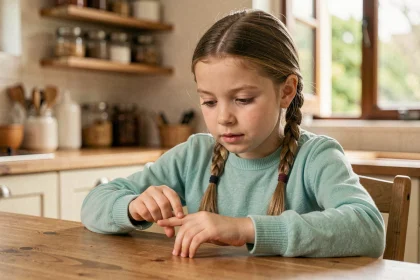 Jeune fille apprenant la table de 8 en comptant sur ses doigts à une table en bois dans une cuisine familiale