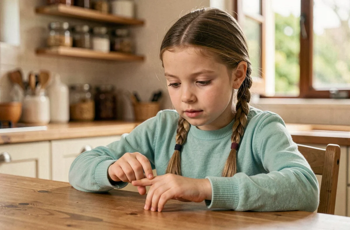 Jeune fille apprenant la table de 8 en comptant sur ses doigts à une table en bois dans une cuisine familiale