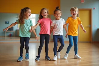 Groupe d'enfants pratiquant une chorégraphie facile dans un studio de danse avec parquet en bois et miroirs