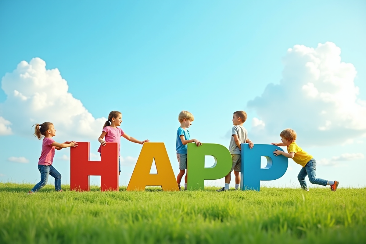 Enfants jouant avec lettres en bois coloré dans un champ