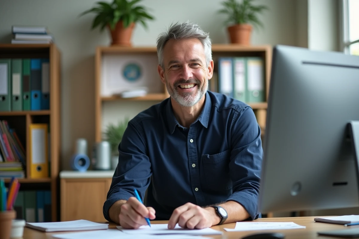 Professeur en chemise navy examinant des devoirs sur un ordinateur dans son bureau