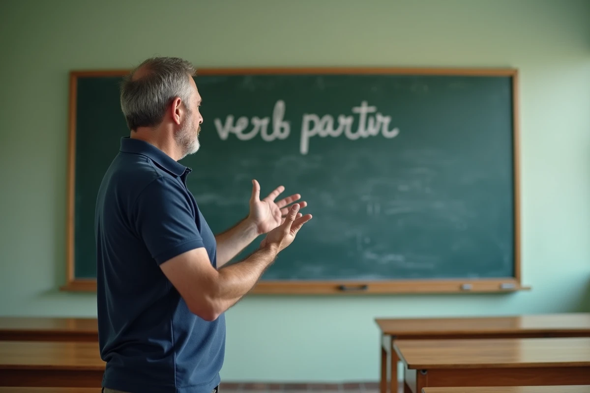 Enseignant expliquant la conjugaison du verbe partir au présent de l'indicatif devant un tableau noir dans une salle de classe