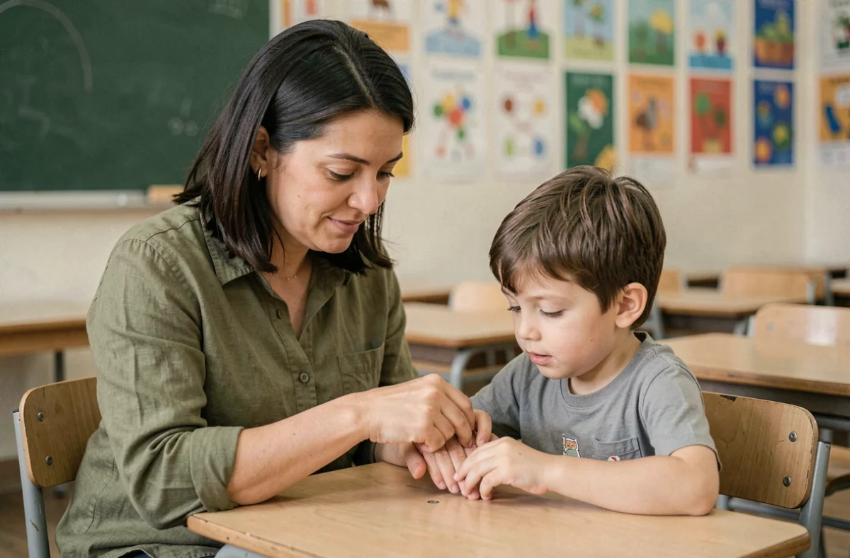 Enseignante guidant un élève dans l'apprentissage de la table de 8 avec les doigts dans une salle de classe à l'école primaire