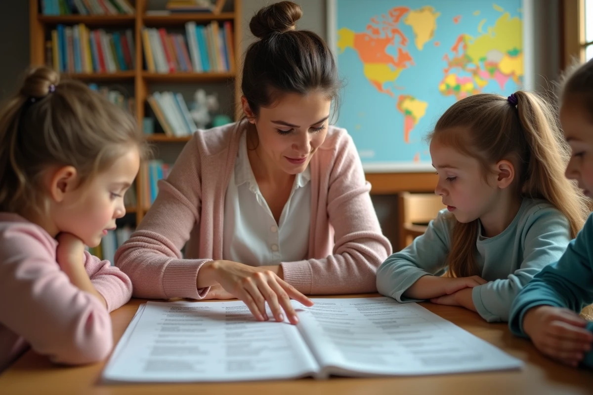 Enseignante guidant une lecture avec des enfants en biblioth&egrave;que