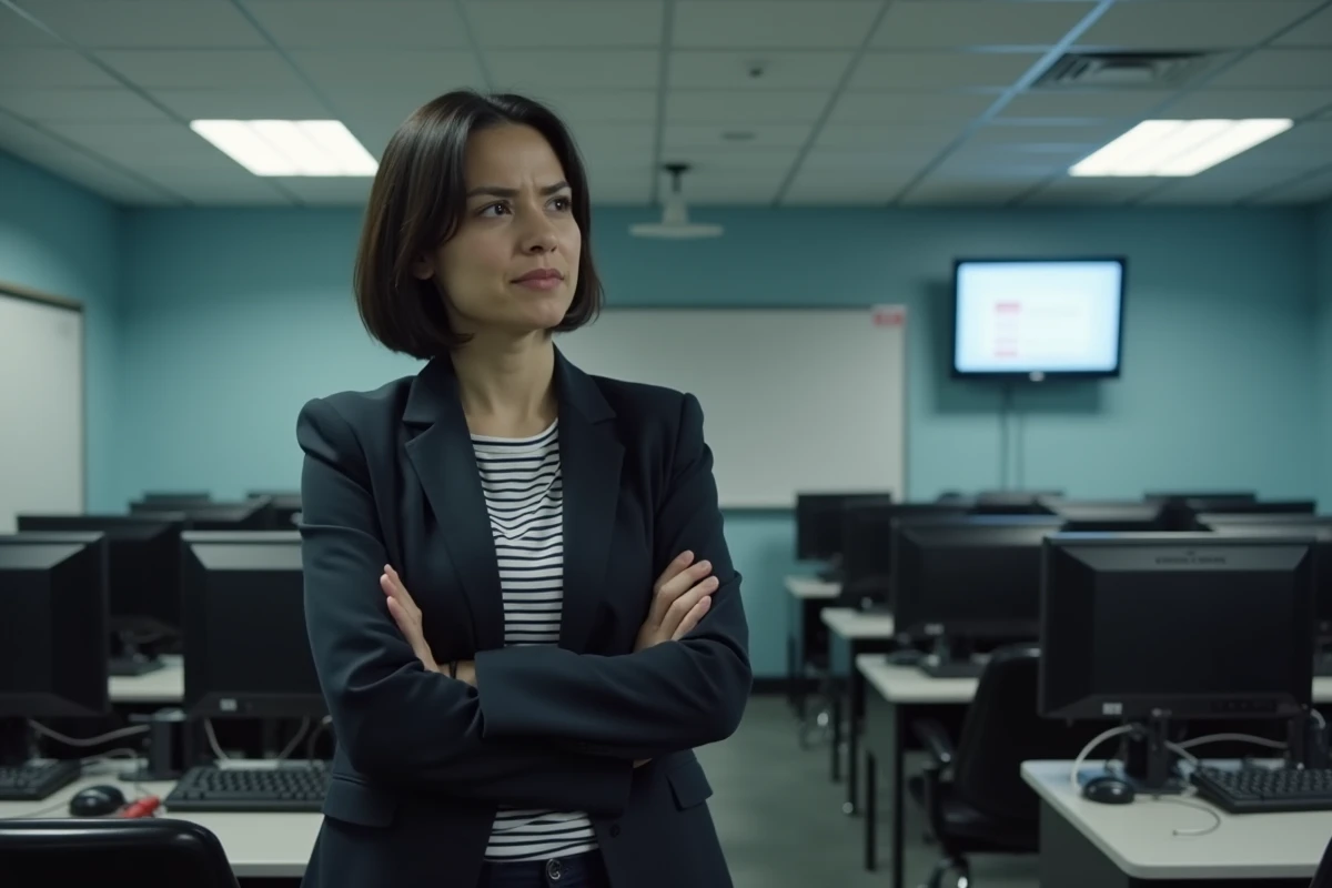 Enseignante dans une salle informatique face à un écran d'erreur du réseau ENT scolaire