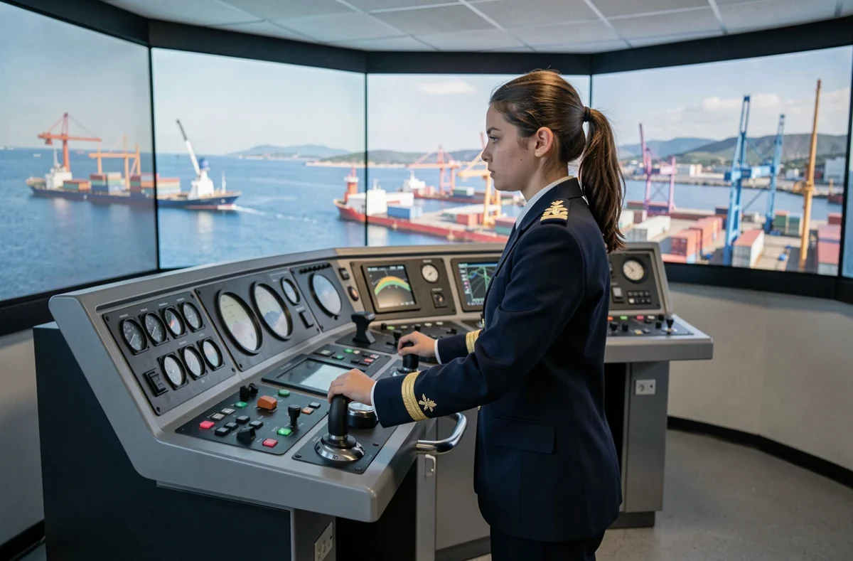 Étudiante de l'École Nationale Supérieure Maritime de Marseille à la barre d'un simulateur de pont de navire