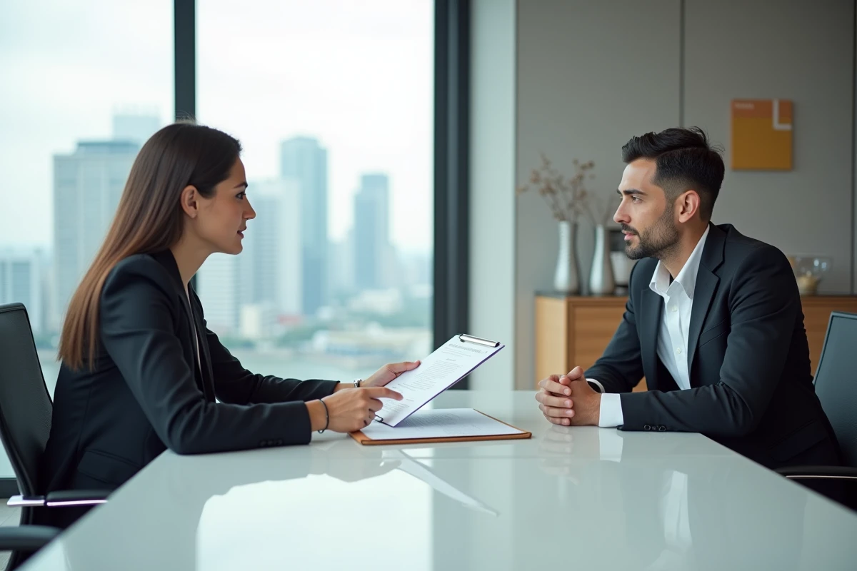 Entretien professionnel dans un bureau avec vue sur la ville, une candidate présentant son certificat LVMH obtenu via un MOOC à un recruteur attentif