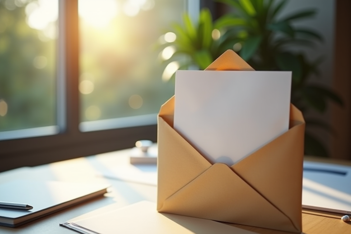 Enveloppe ouverte avec lettre de motivation et papeterie élégante