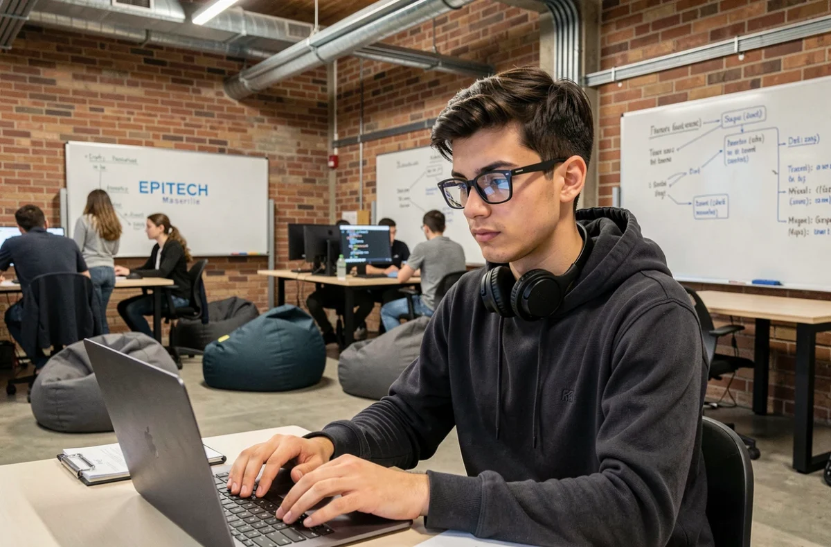Étudiant d'EPITECH Marseille programmant sur son ordinateur portable dans un espace de travail collaboratif industriel