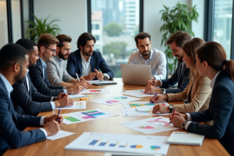 Groupe de professionnels en réunion autour d'une table avec plan de lancement