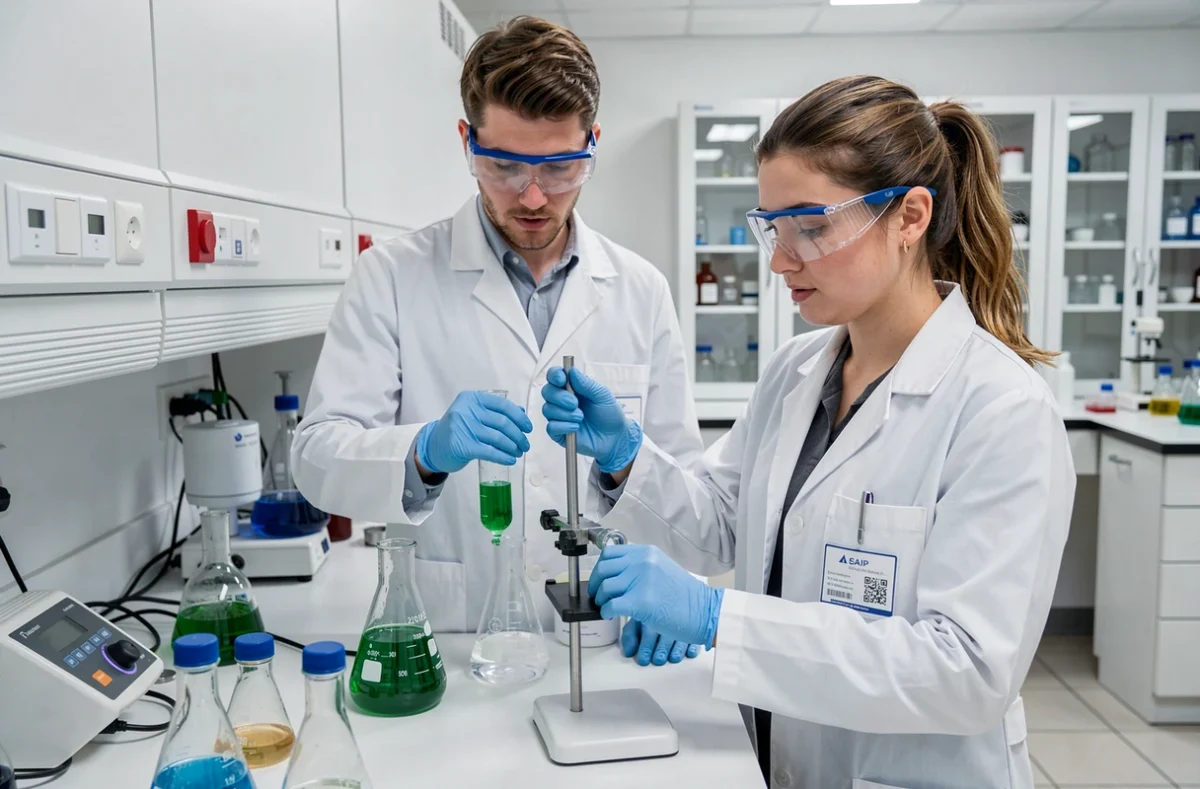Étudiants de l'ESAIP Aix-en-Provence réalisant une analyse chimique par titration dans un laboratoire universitaire