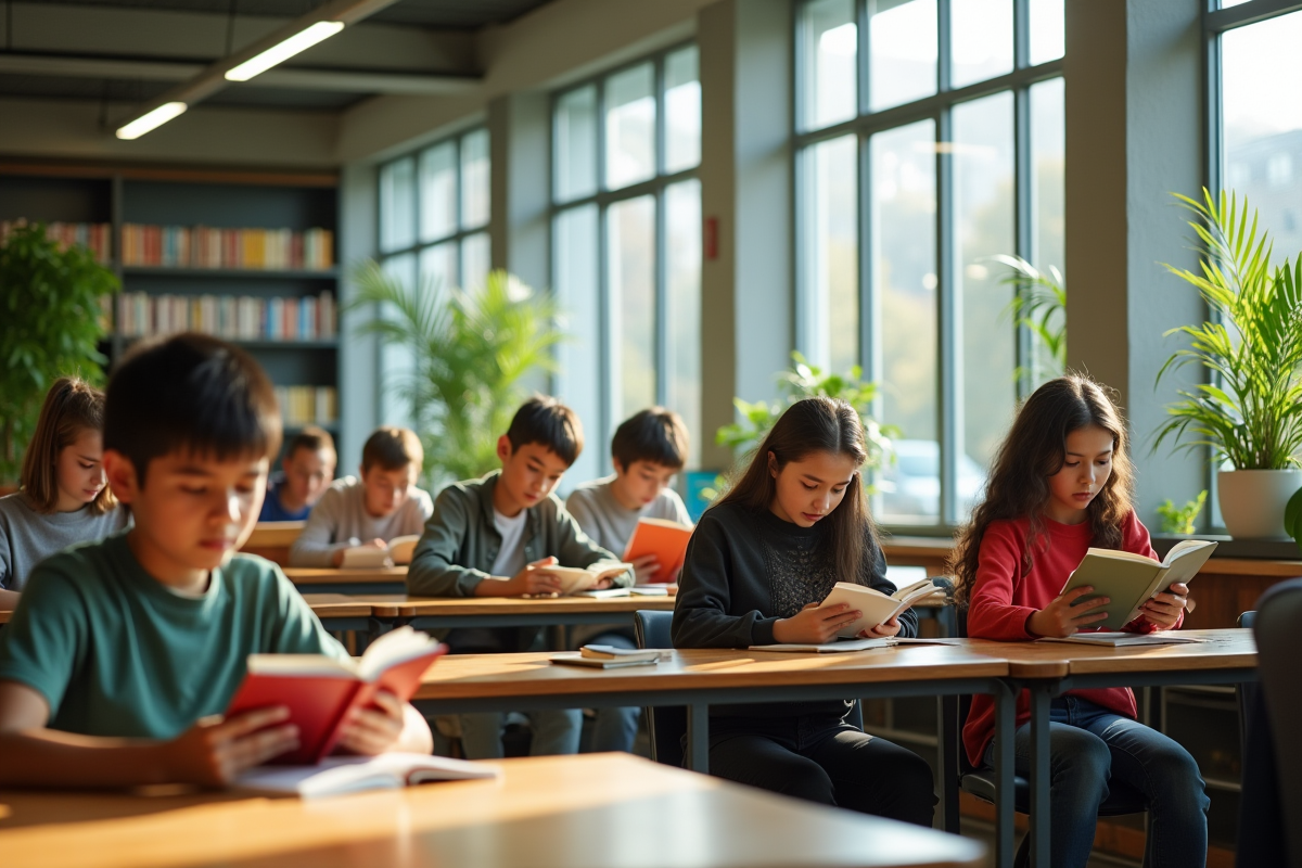 Espace lecture moderne avec adolescents concentrés