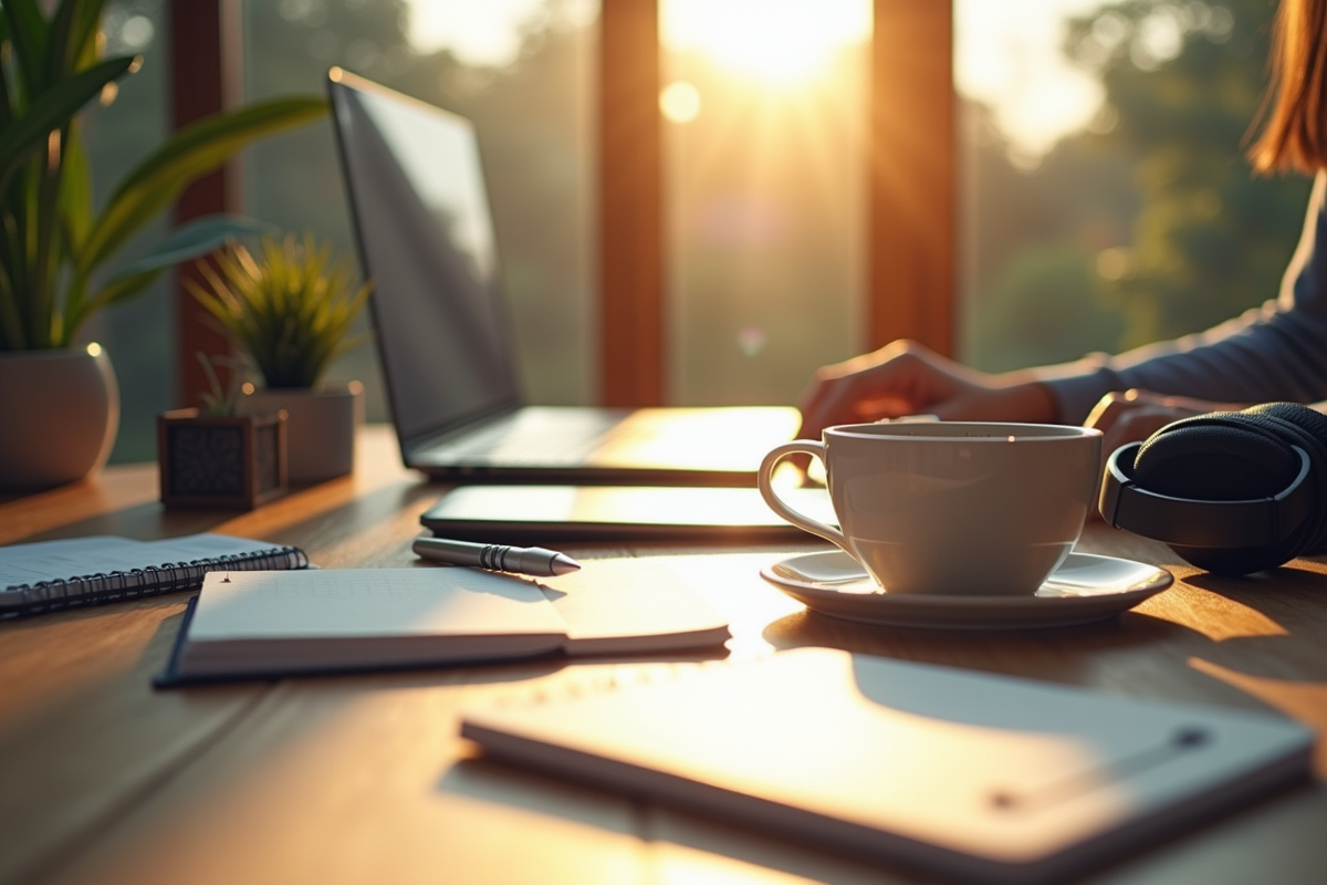 Espace de travail à domicile avec ordinateur et café