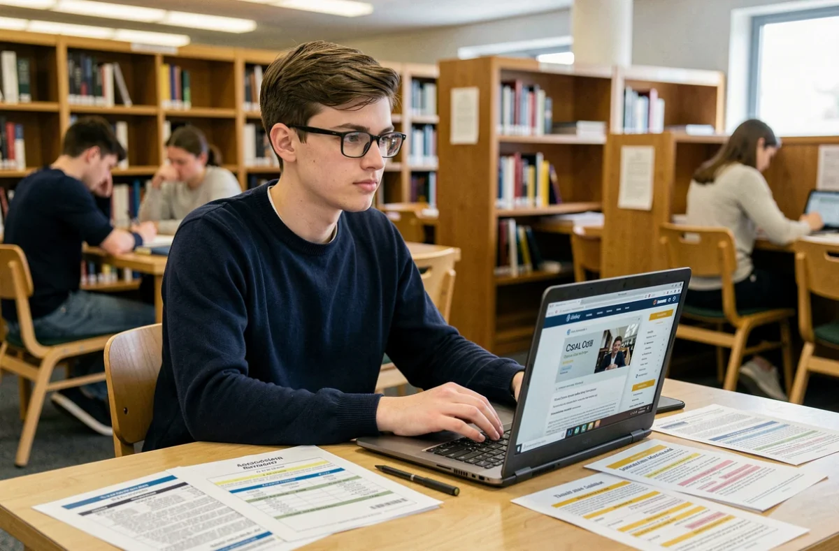Étudiant en bibliothèque consultant les dates d'examens et le calendrier scolaire sur ordinateur portable
