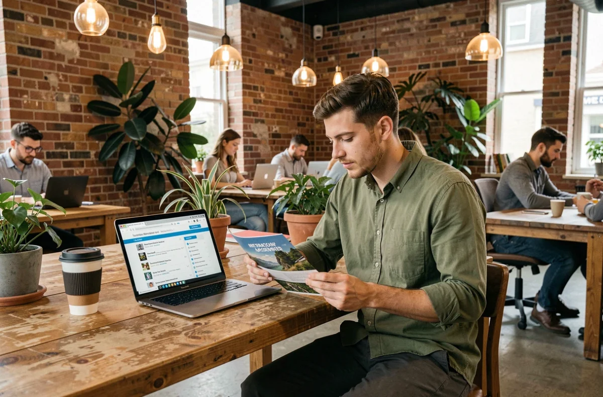 Jeune homme étudiant les opportunités de formation à l'étranger après un BTS Tourisme dans un espace de coworking international