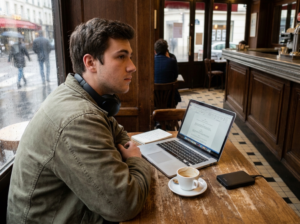 Étudiant en cinéma travaillant sur un scénario dans un café parisien avec son ordinateur portable