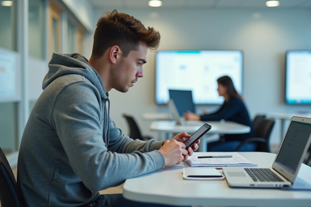 Etudiant configurant ses cours en ligne sur smartphone dans une salle