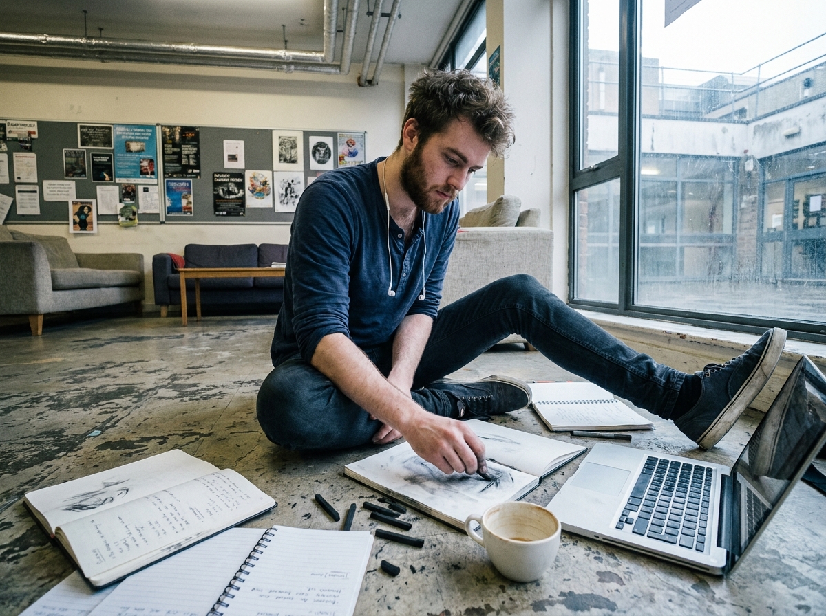 Étudiant en art travaillant sur ses croquis au sol dans un espace commun d'école artistique