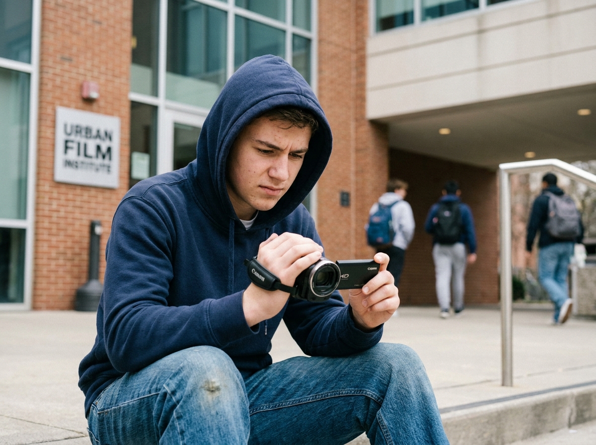 Jeune homme tenant une caméra vidéo devant une école de cinéma, illustrant les formations professionnelles accessibles après le baccalauréat sans passer par l'université