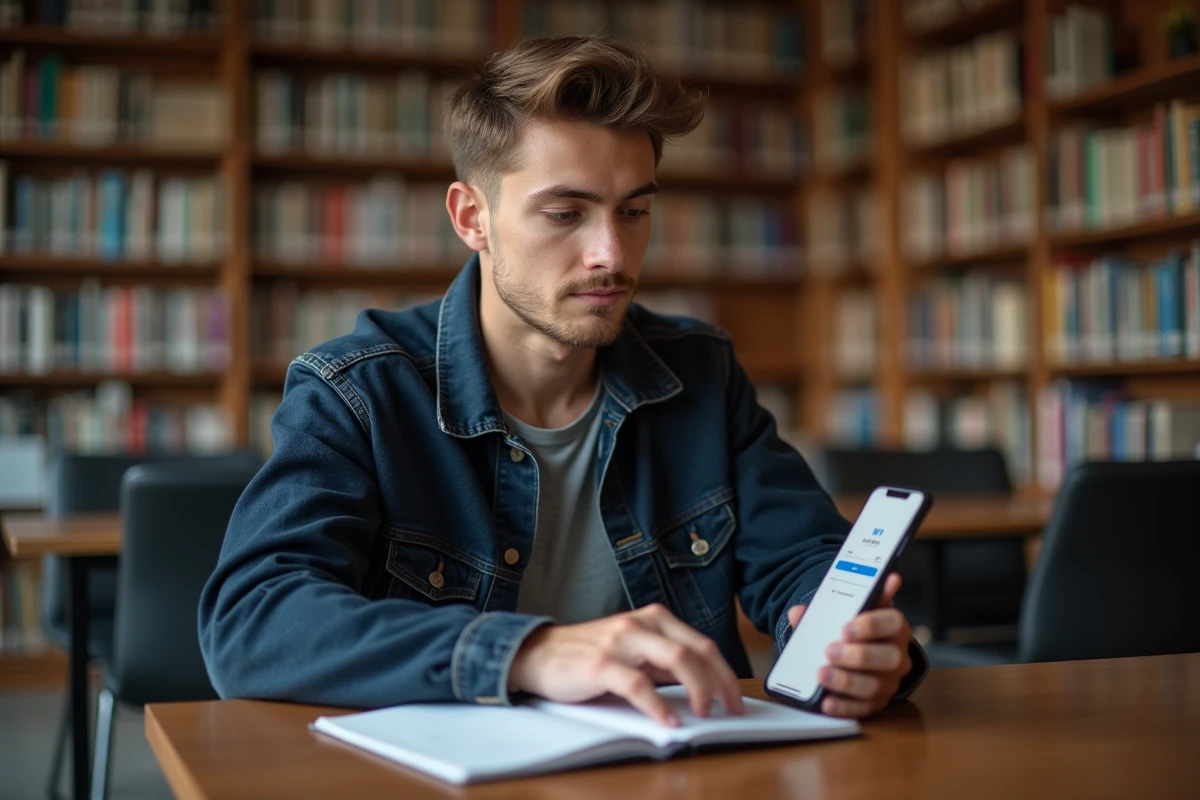 Étudiant utilisant l'ENT universitaire de Nanterre sur mobile depuis la bibliothèque universitaire