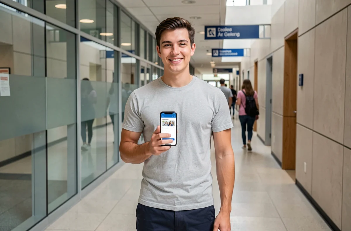 Étudiant consultant l'ENT de l'Université Clermont Auvergne sur smartphone dans un couloir du campus