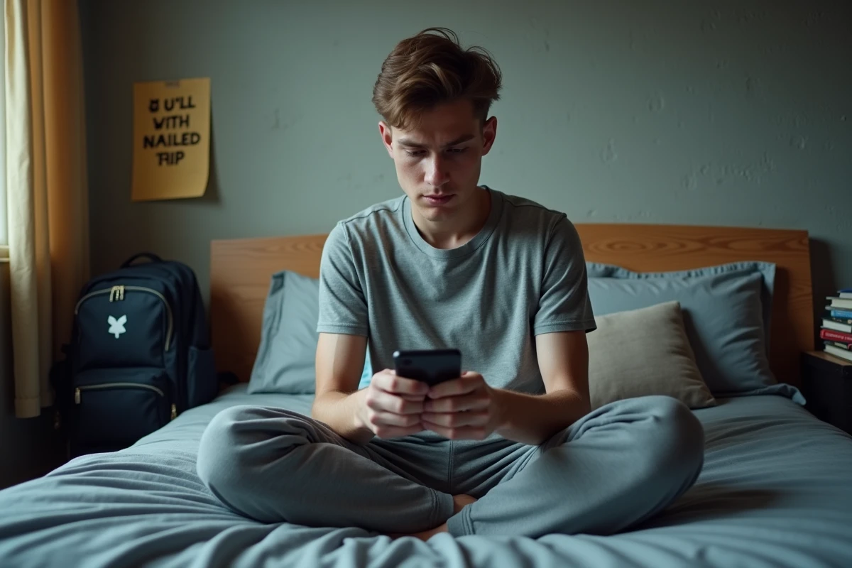 Étudiant bloqué sur une erreur de connexion au portail éducatif depuis son smartphone en chambre universitaire