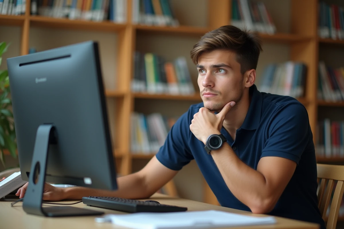 Étudiant consultant ses examens en ligne sur un ordinateur en bibliothèque universitaire