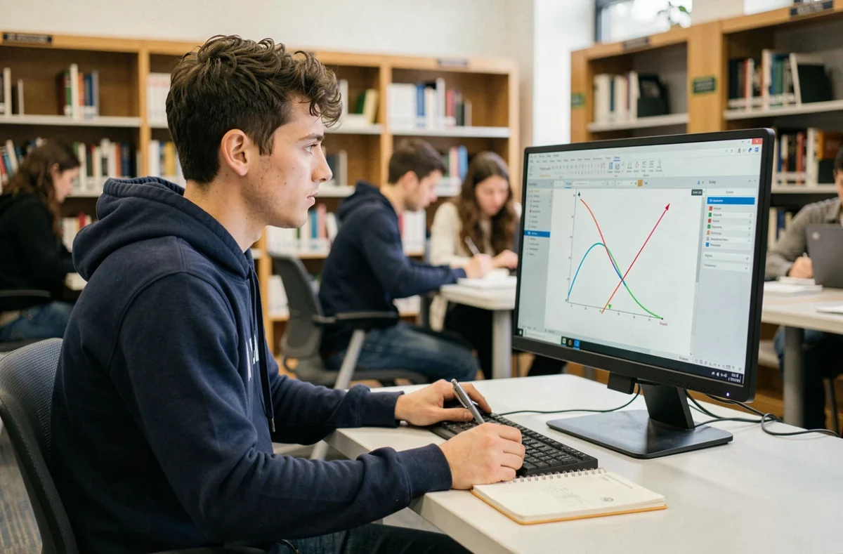 Étudiant universitaire utilisant un logiciel de géométrie dynamique pour visualiser la tangente à une courbe sur un écran d'ordinateur