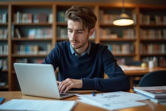 Étudiant en classe préparatoire consultant des dossiers d'admission pour les écoles d'ingénieurs SCEI dans une bibliothèque universitaire