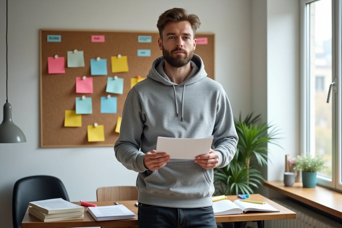 Étudiant relisant une dissertation sur le théâtre avec des fiches de citations d'auteurs dramatiques