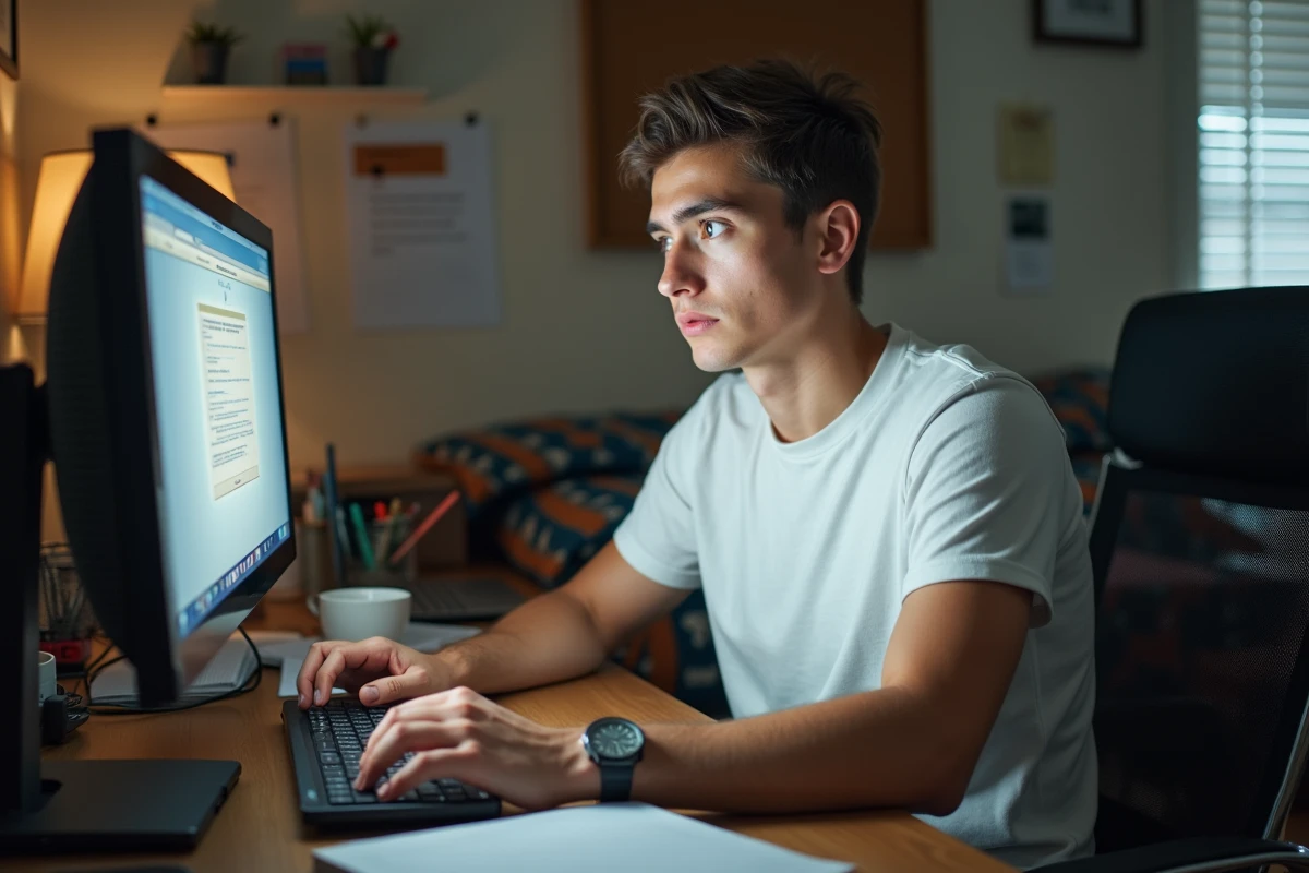 Étudiant réinitialisant son mot de passe sur le portail My Campus Eduservices depuis sa chambre universitaire