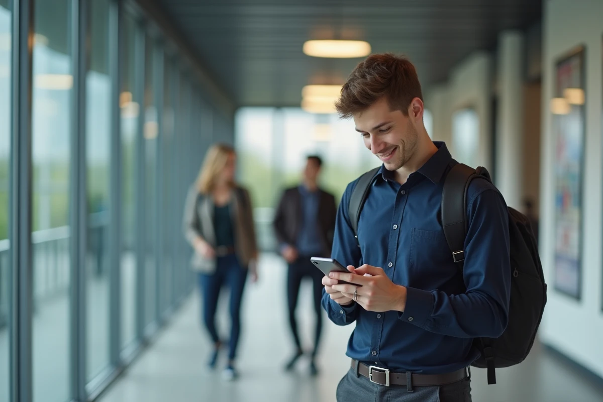 Étudiant consultant son suivi de carrière académique sur smartphone dans un couloir universitaire