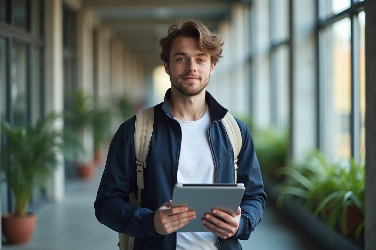 Étudiant consultant un système de gestion de documents universitaires sur tablette dans un couloir moderne