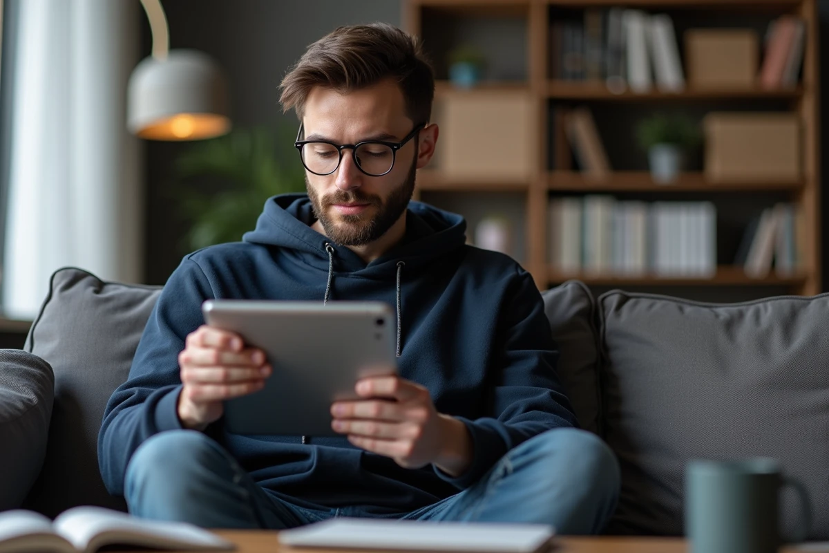 Étudiant consultant le portail mycampus sur une tablette en affichage paysage dans un salon moderne