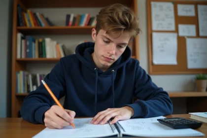 Étudiant en lycée travaillant sur des exercices de trigonométrie avec des formules cos et sin manuscrites dans un cahier
