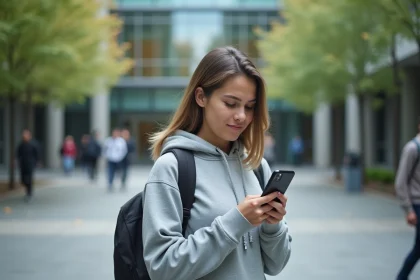 Étudiante se connectant à l'ENT de Nanterre Université sur son smartphone devant le campus