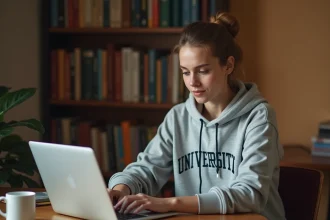 Étudiante connectée à sa plateforme universitaire Cuyclade sur un ordinateur portable dans sa chambre