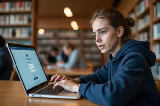 Étudiante connectée au portail mycampus sur son ordinateur portable dans une bibliothèque universitaire