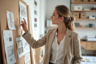 Étudiante en décoration intérieure analysant un tableau de tendances dans un studio de design professionnel