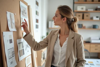 Étudiante en décoration intérieure analysant un tableau de tendances dans un studio de design professionnel