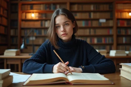 Étudiante annotant des citations de pièces de théâtre pour une dissertation dans une bibliothèque universitaire