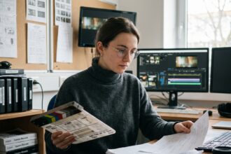 Étudiante en école de cinéma à Nantes consultant ses notes dans une salle de montage professionnelle