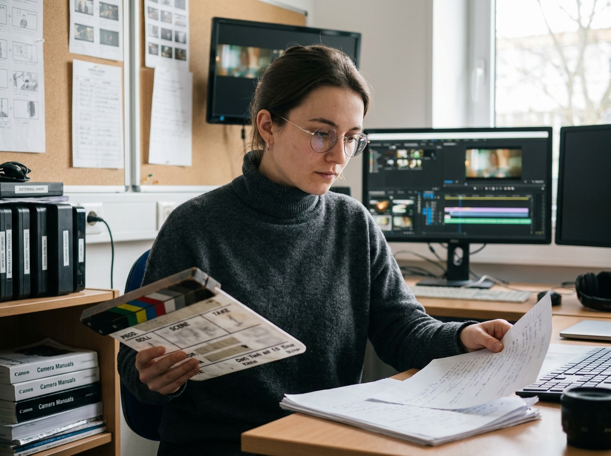 Étudiante en école de cinéma à Nantes consultant ses notes dans une salle de montage professionnelle