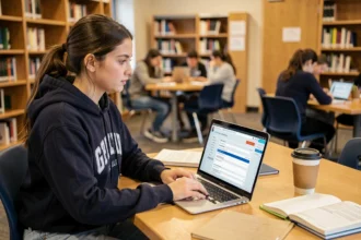 Étudiante utilisant l'ENT de l'Université Clermont Auvergne sur son ordinateur portable dans une bibliothèque universitaire moderne