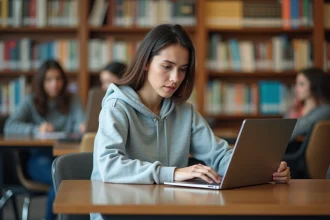 Étudiante consultant le portail Esterel Aix sur son ordinateur portable dans une bibliothèque universitaire