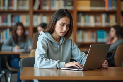 Étudiante consultant le portail Esterel Aix sur son ordinateur portable dans une bibliothèque universitaire